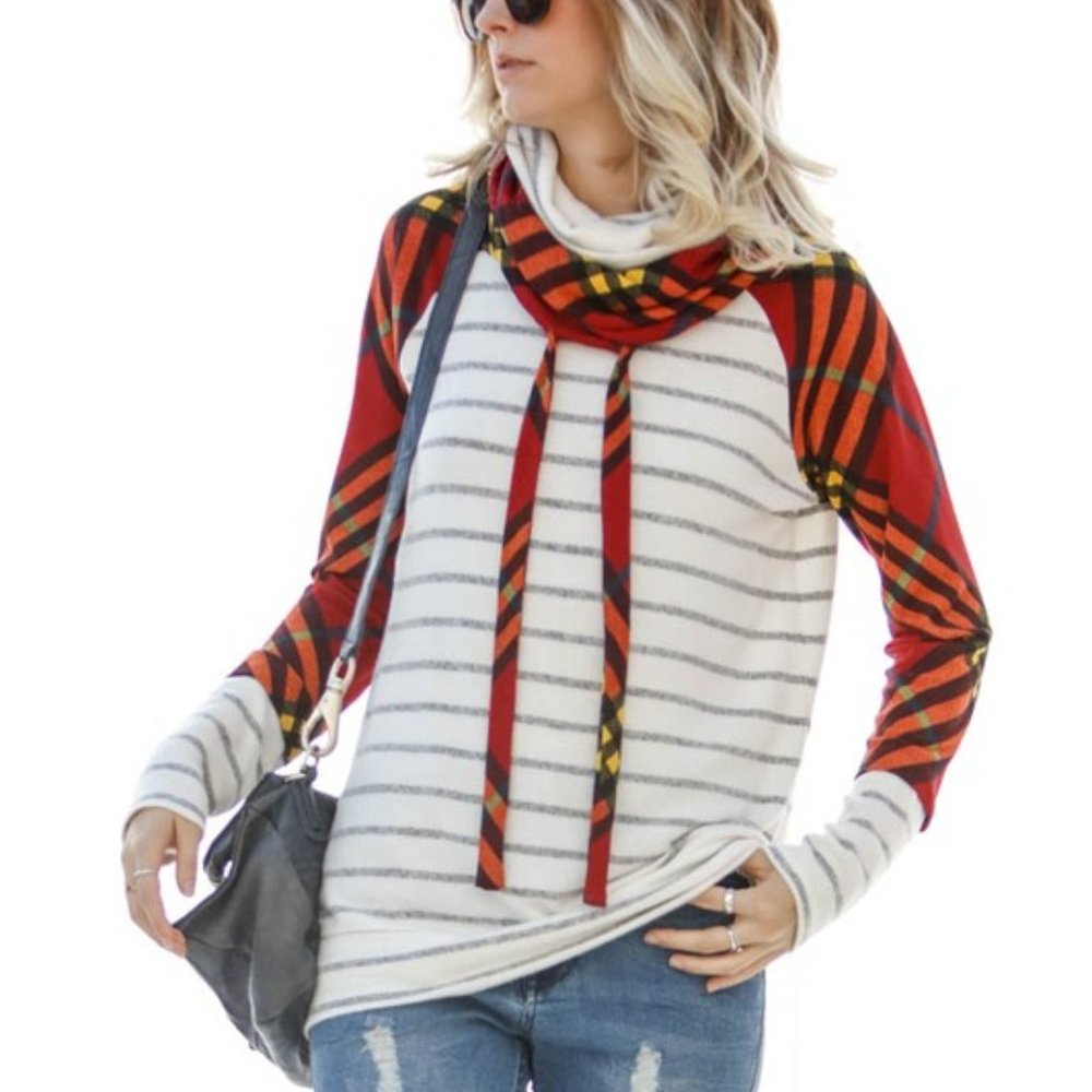 Striped Knit Cowl Neck Hoodie Sweatshirt Top